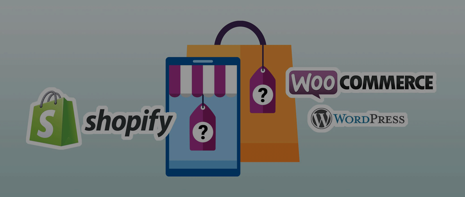 Shopify vs. WordPress eCommerce: Comparing platforms with shopping bags and logos.