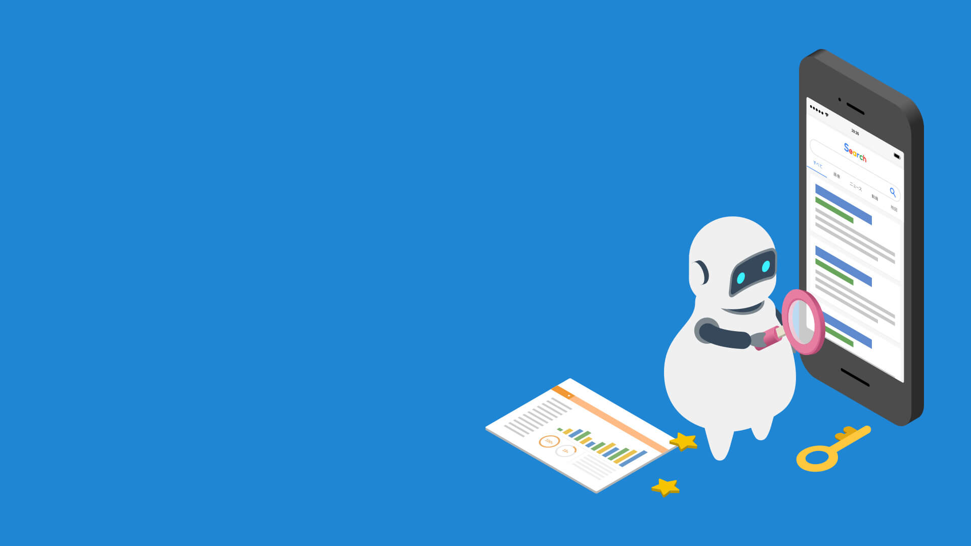 AI robot analyzing search results on a phone with marketing data. Revolutionising Digital Marketing Strategies.