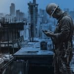 Construction worker using phone on a high-rise B2B building site. AI may enhance voice search on B2B websites.