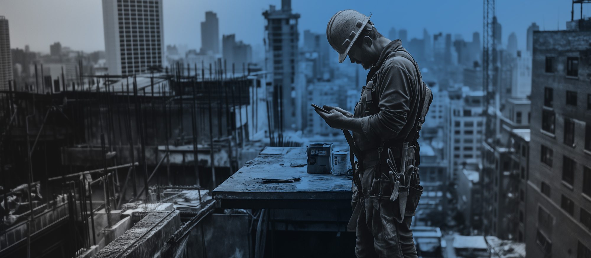 Construction worker using phone on a high-rise B2B building site. AI may enhance voice search on B2B websites.