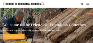Man working on a church roof; Friends of Friendless Churches logo. Charity website rebuild project.