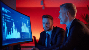 Two real estate agents analyzing data on a computer screen.