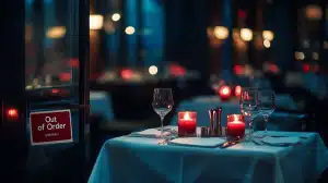 Restaurant table setting with candles and an "Out of Order" sign.