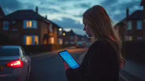Woman using phone on a street at dusk, houses in background. Estate agents using technology.