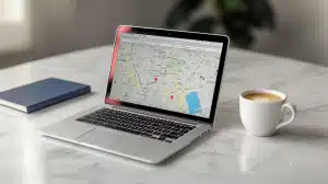Laptop displaying Google Maps with London locations marked, alongside a coffee cup and book.