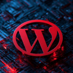 Red WordPress logo on a dark, circuit board-like background